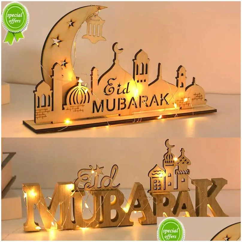 New Eid Mubarak Wooden Ornament Ramadan Moon Star Letter Table Decoration for Home Islamic Muslim Pendant Eid Al Adha Party Supplies
