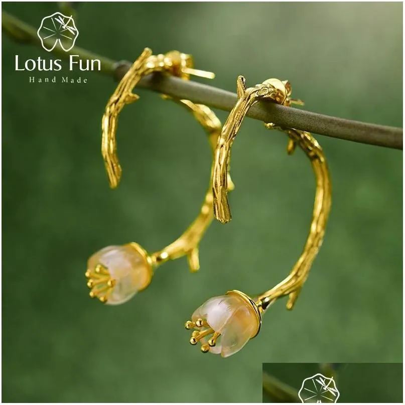earrings lotus fun real 925 sterling silver natural crystal handmade fine jewelry lily of the valley flower drop earrings for women
