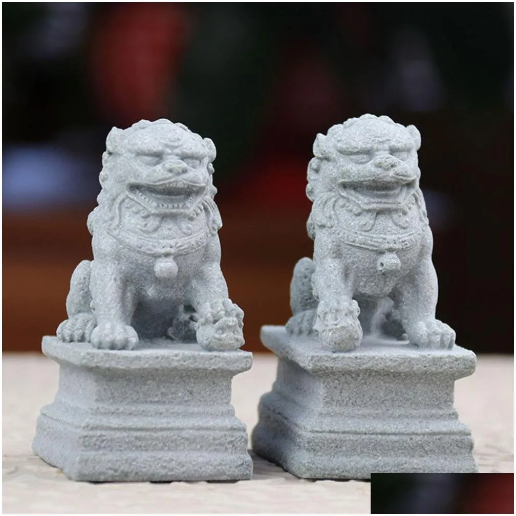 Decorative Objects & Figurines Statue Foo Shui Feng Figurine Miniature Stone Dogs Scpture Decoration Guardian Chinese Prosperity Decor Dhcwx
