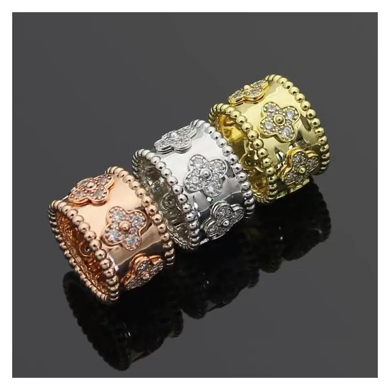  luxury four leaf clover coupe ring fashion classic wide face diamond ring for women 18k gold high quality designer ring jewelry