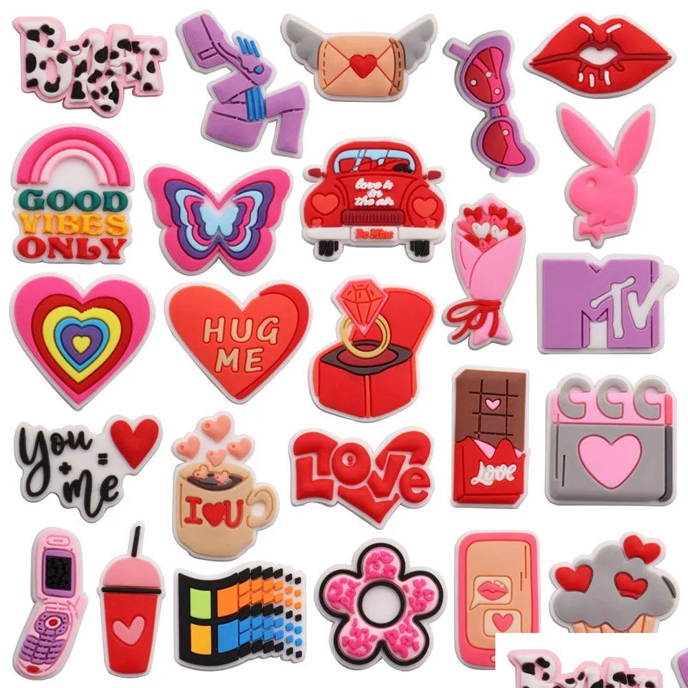Wholesale 100Pcs PVC Happy Valentine`s Day Hello Gorgeous Soul Mate Shoe Charms Girls Woman Buckle Decorations For Backpack Button