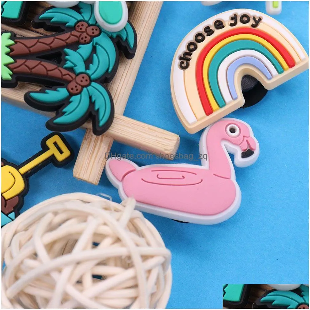 Wholesale 100Pcs PVC Summer Style Coconut Tree Crab Garden Shoe Buckle Watermelon Accessories For Kids Charms Button Clog