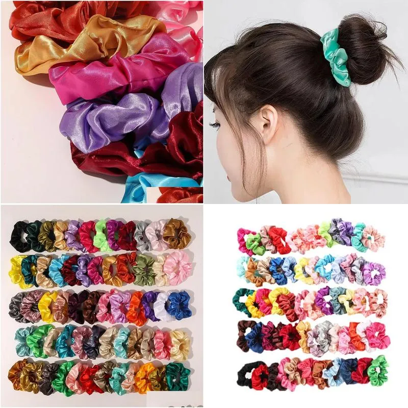 Other Home Decor 60 Color Vintage Hair Scrunchies Stretchy Satin Scrunchie Pack Women Elastic Bands Girls Headwear Plain Rubber Ties M Dhyi1
