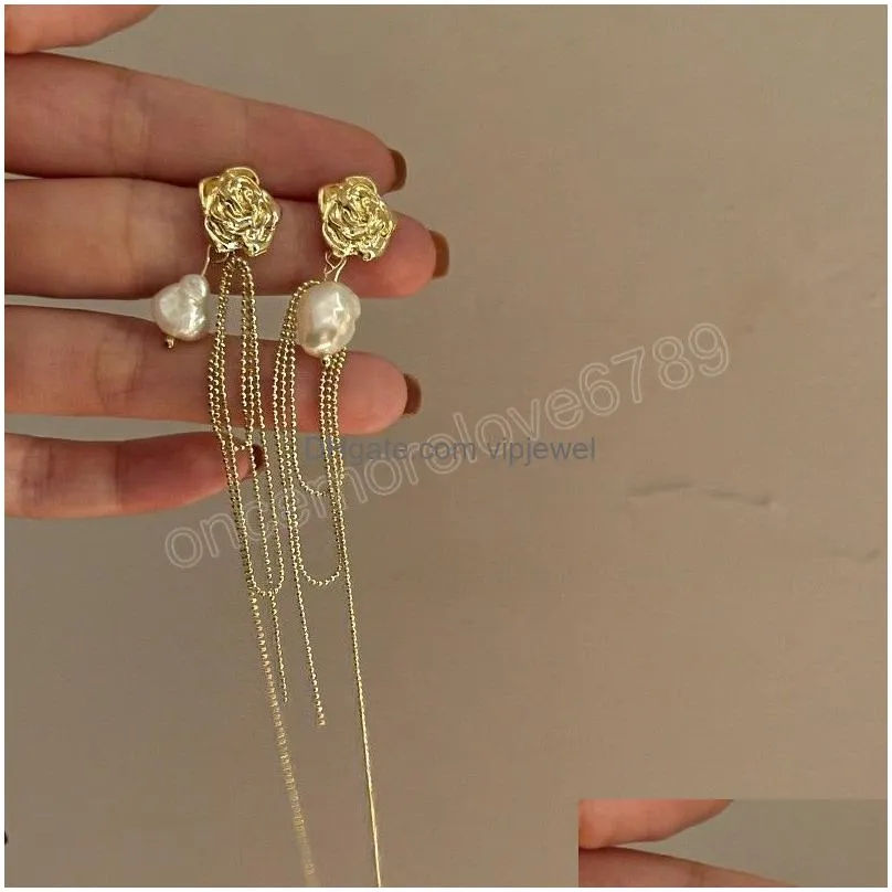 korean tendy metal rose flower dangle earrings for women ladies gold color elegant pearl long tassel pendientes party jewelry