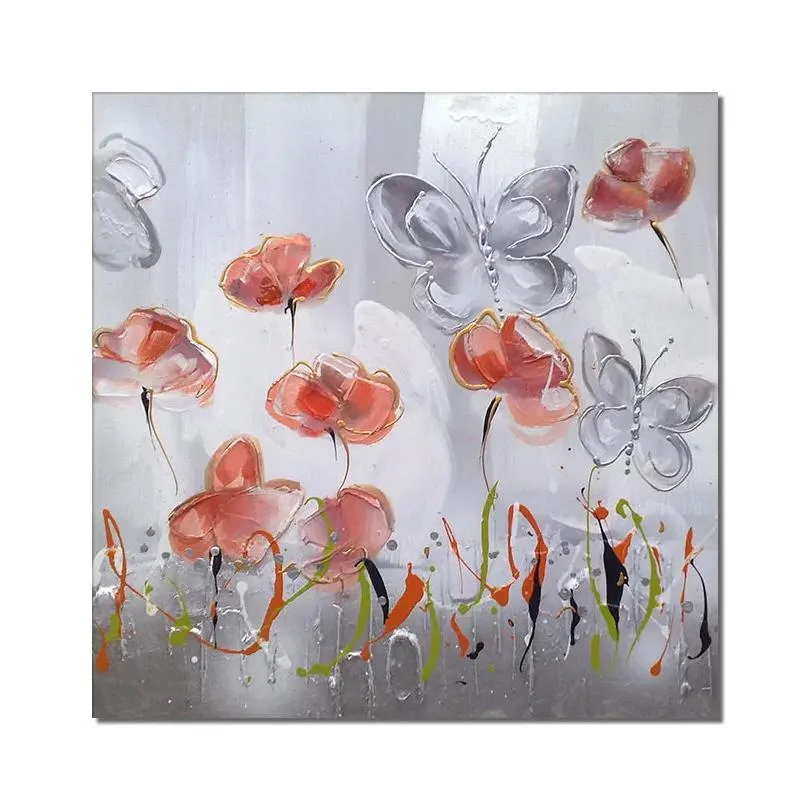 Paintings Abstract Flowers With Butterfly Painting On Canvas Hand Painted Oil Handmade Decorative Wall Art Forliving Room Drop Delive Dhskg