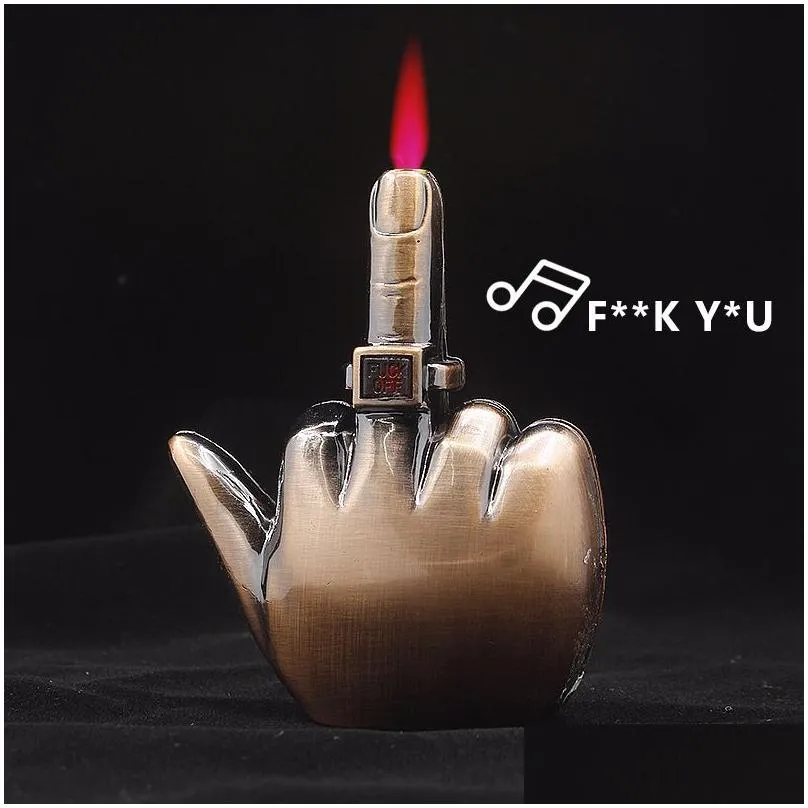 Lighters Unusual Middle Finger  Torch Lighter Creative Straight Flame Butane Compact Refillable Gas With Sound Gadgets For Men Spoo Dhf1U