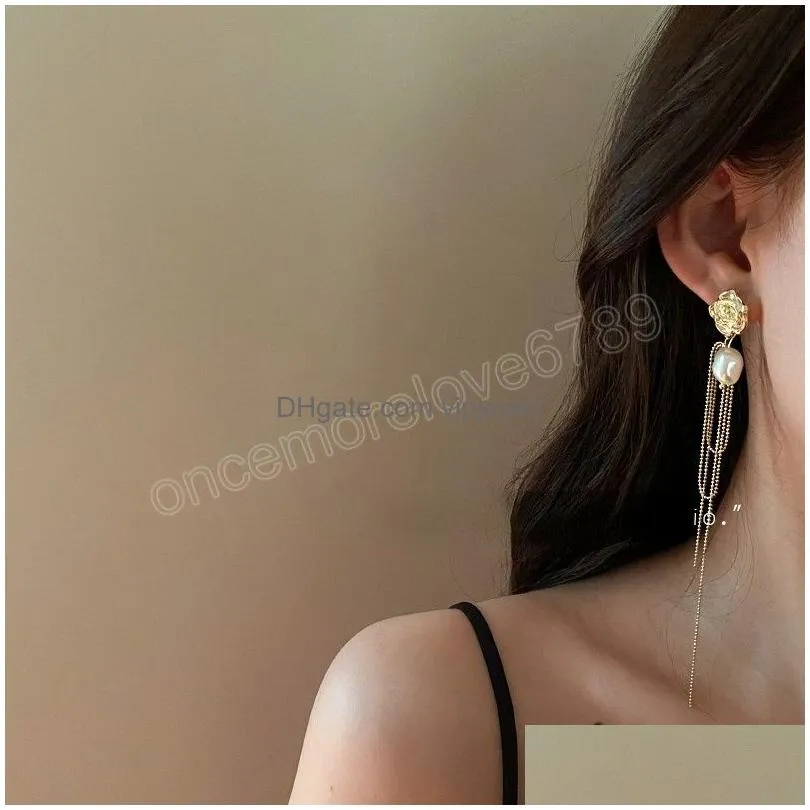 korean tendy metal rose flower dangle earrings for women ladies gold color elegant pearl long tassel pendientes party jewelry