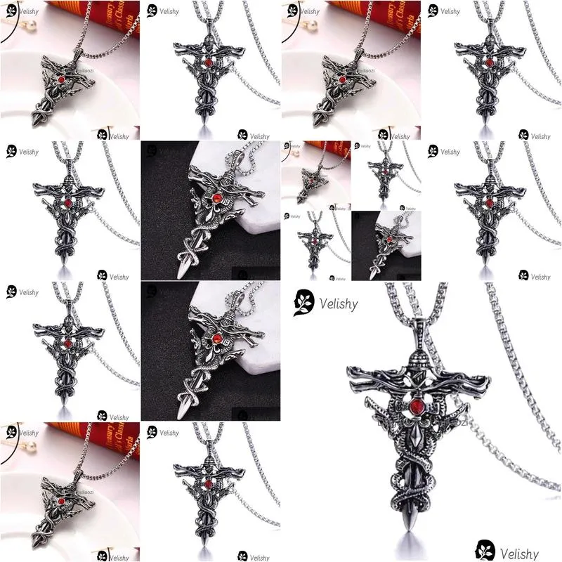 necklaces fashion double dragon sword titanium steel necklace pendant retro punk cross lucky fortune mens accessories jewelry gift