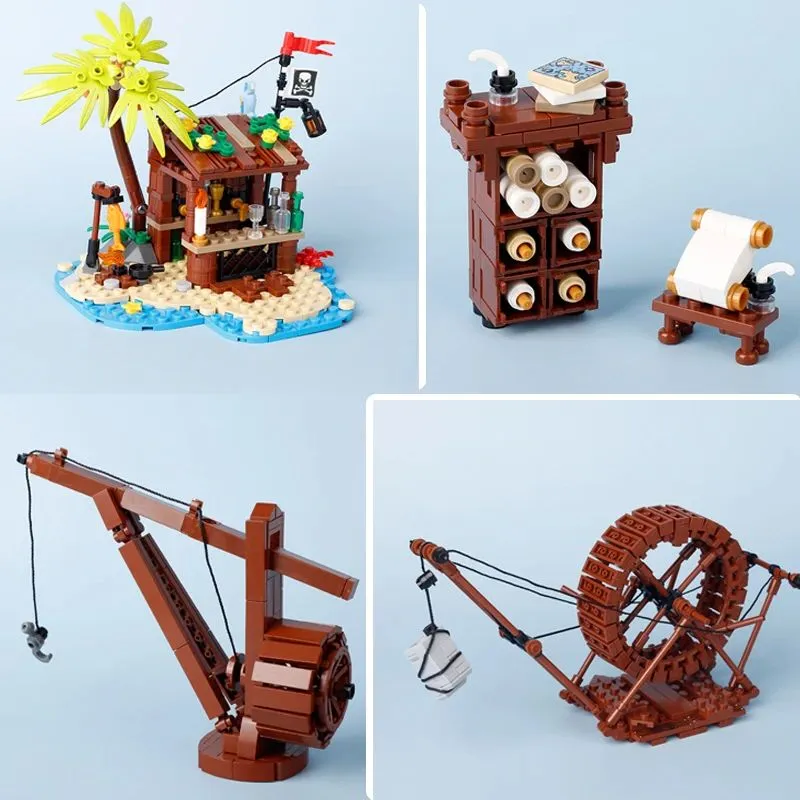 Medieval City Crane Dining Table Pirate Bar Building Block Fountain Hero Tombstone MOC Mini Model Bricks Toys Children Gifts
