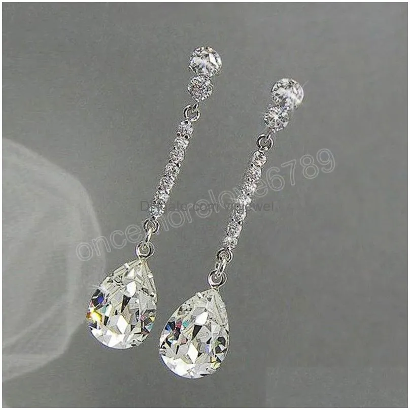 luxury women long hanging earrings with aaa pear cubic zircon simple elegant bride wedding earrings high quality jewelry