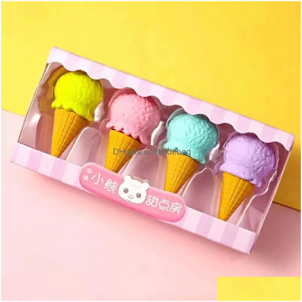 4pcs yummy favor dessert erasers dhs set mini lollipop icecream popsicle donuts rubber pencil eraser for kids school student award