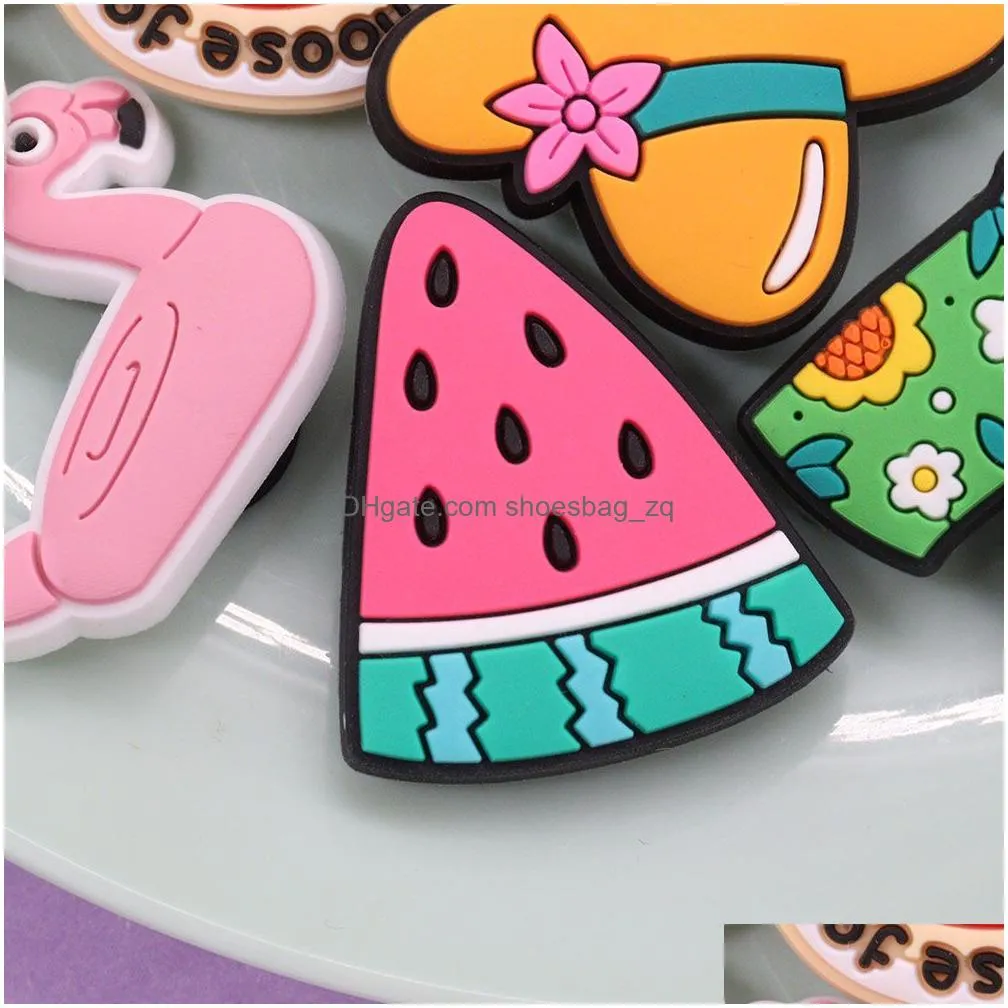 Wholesale 100Pcs PVC Summer Style Coconut Tree Crab Garden Shoe Buckle Watermelon Accessories For Kids Charms Button Clog