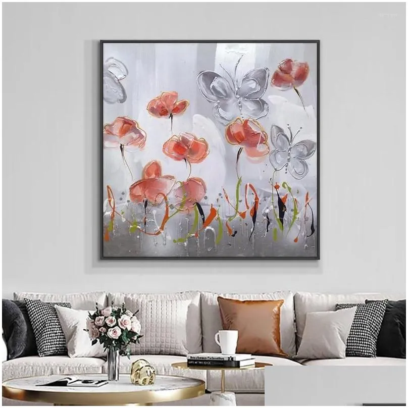 Paintings Abstract Flowers With Butterfly Painting On Canvas Hand Painted Oil Handmade Decorative Wall Art Forliving Room Drop Delive Dhskg