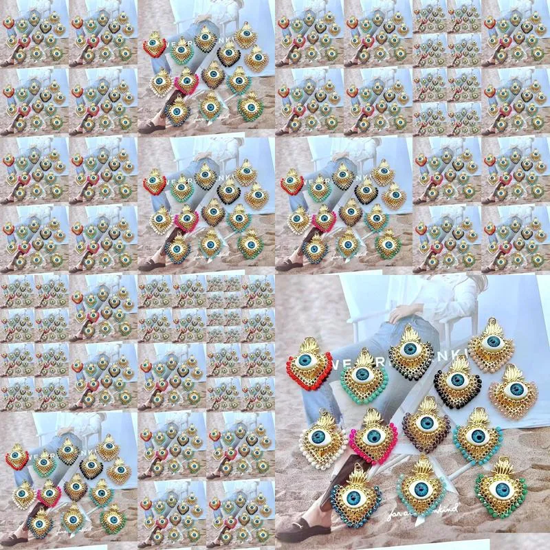 necklaces 6pcs 2024 bohemian charms heart colorful beads eye pendants gold plated trend diy handmade necklace finding jewelry