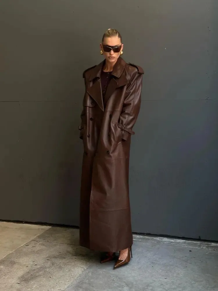 Women`s Leather Faux RR2790 XLong Fake Trench Coat Slim Belt Waist Back High Cut Up Long Sleeve Chocolate Jacket 230928