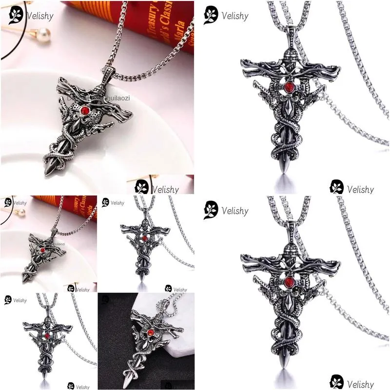 necklaces fashion double dragon sword titanium steel necklace pendant retro punk cross lucky fortune mens accessories jewelry gift
