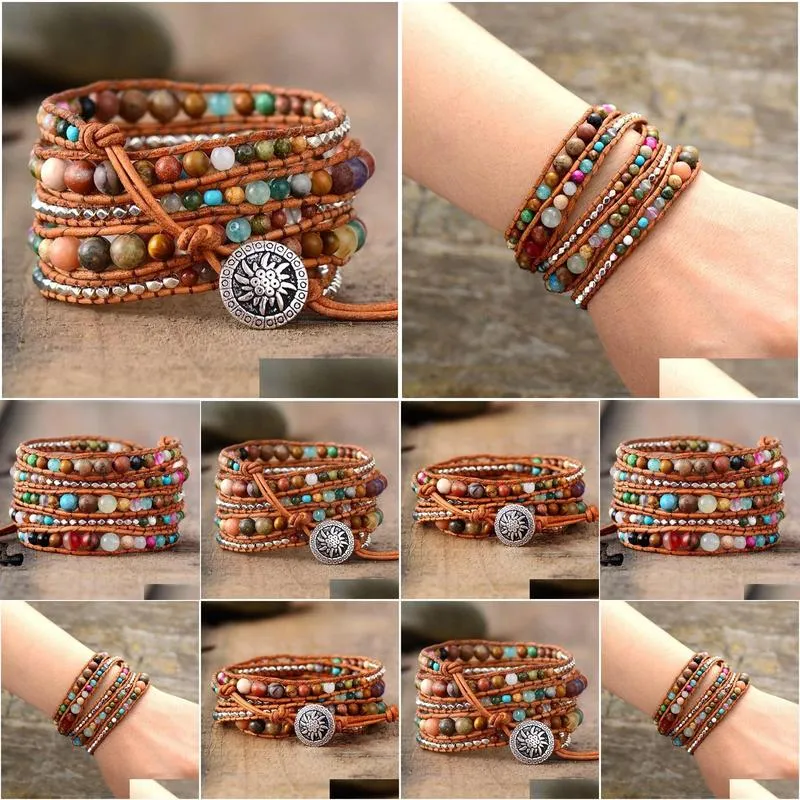 Chain Leather Wrap Bracelets Drop Women Graduated Natural Stones Sier Color Beads Mtilayers Wholesale 230606 Delivery Dhtlz