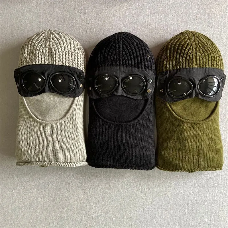 Two lens windbreak hood beanies outdoor cotton knitted men mask casual male skull caps hats black grey army green