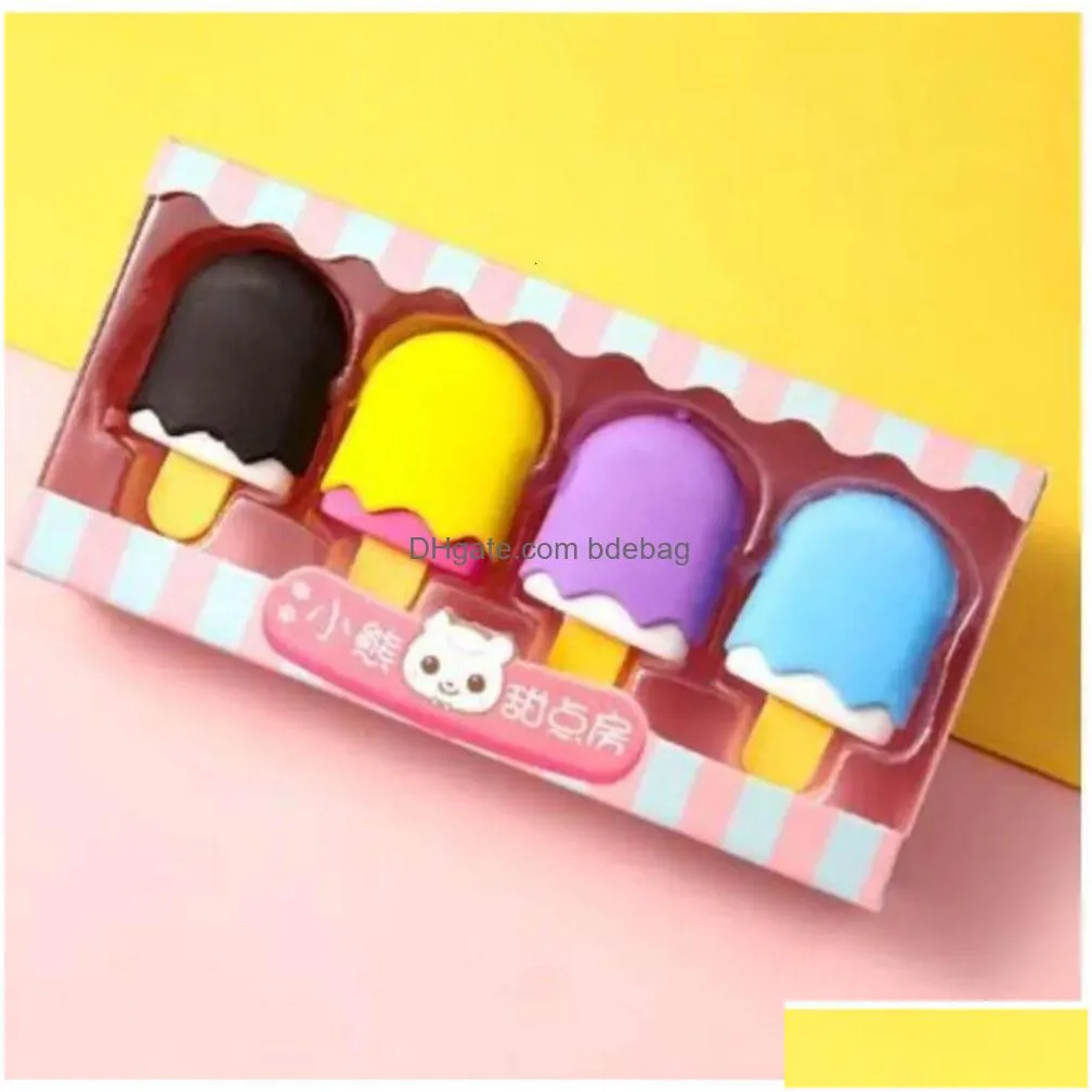 4pcs yummy favor dessert erasers dhs set mini lollipop icecream popsicle donuts rubber pencil eraser for kids school student award