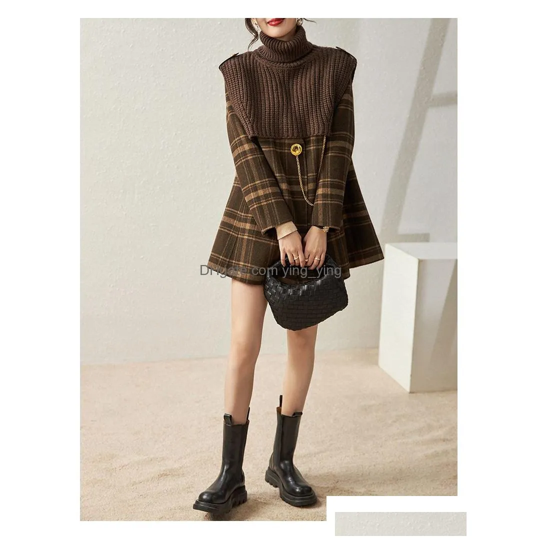 Womens Wool Blends 0C694M31 Autumn And Winter Coat Vintage Plaid Double-Sided Woolen Outerwear Knitted Sleeve Two-Piece Set Drop De Dhzin