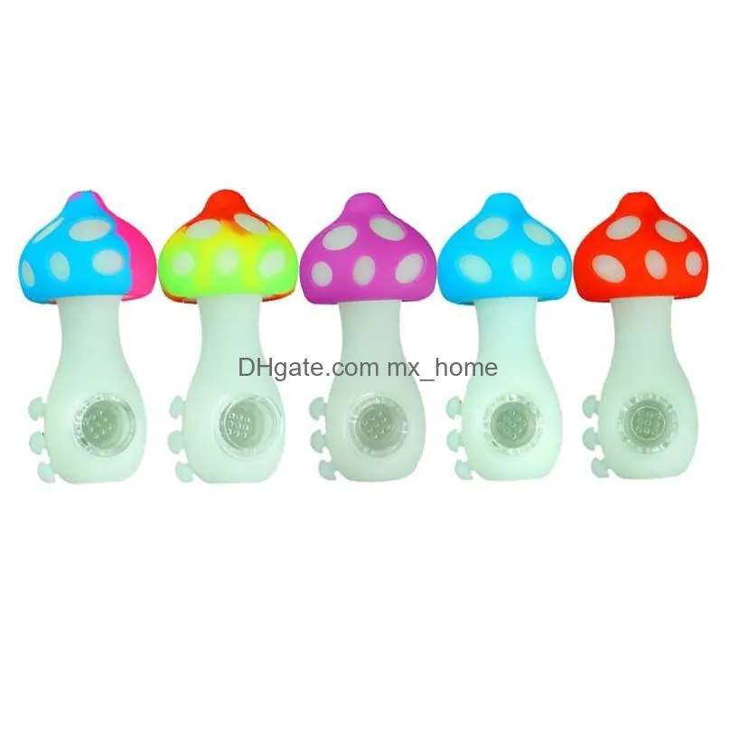 mushroom silicone smoking hand pipes 2 in 1 nc 10mm tip portable smoke and dab device cigarette accessories luminous glow in dark