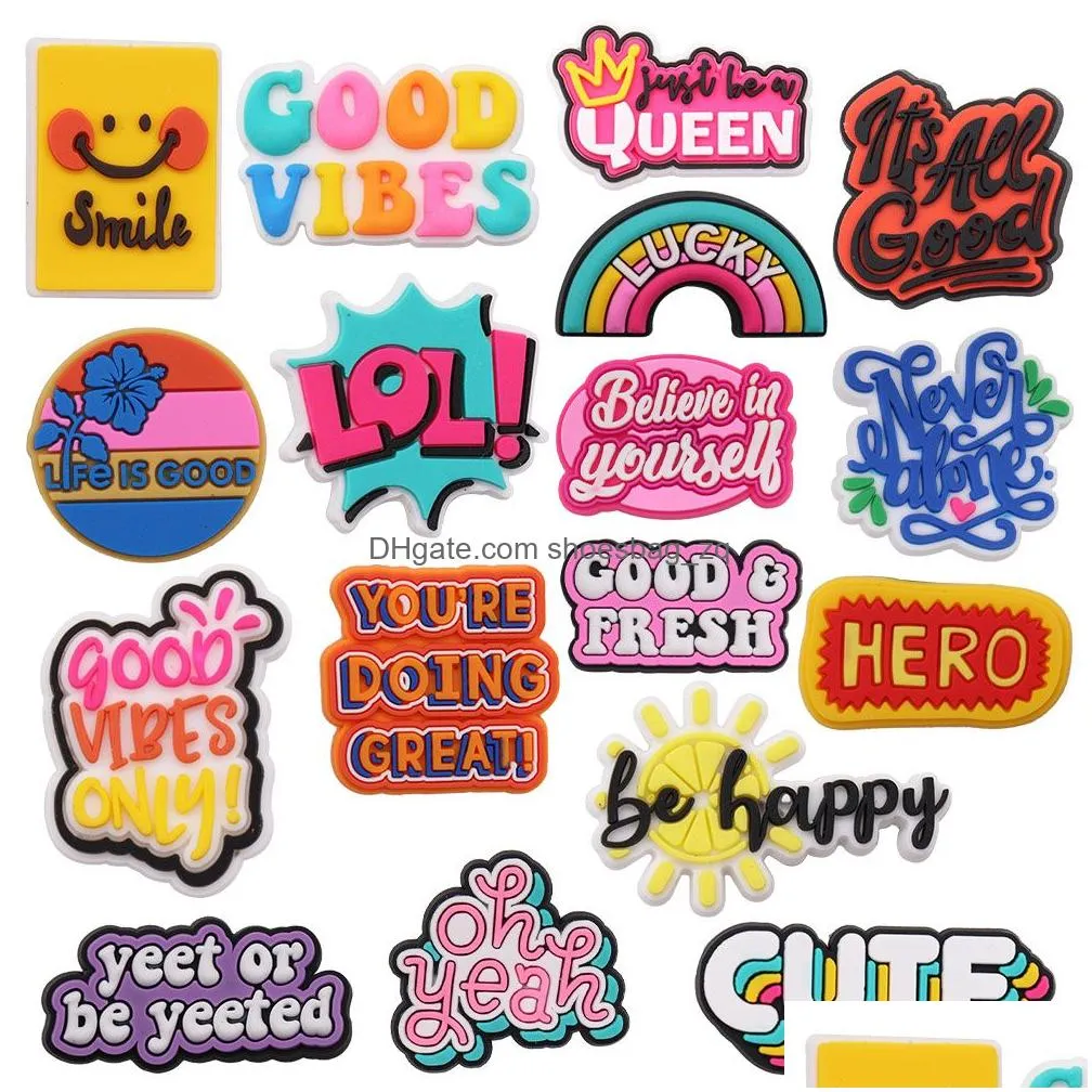 MOQ 20Pcs PVC Word Good Vibes Only Smile Queen  Happy Shoe Charms Parts Accessories Buckle Clog Buttons Pins Wristband Bracelet Decoration Kids Party