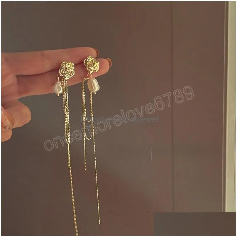 korean tendy metal rose flower dangle earrings for women ladies gold color elegant pearl long tassel pendientes party jewelry