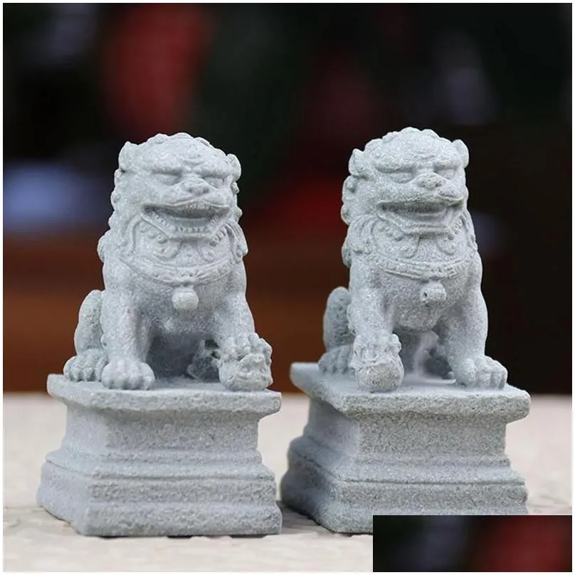 Decorative Objects & Figurines Statue Foo Shui Feng Figurine Miniature Stone Dogs Scpture Decoration Guardian Chinese Prosperity Decor Dhcwx