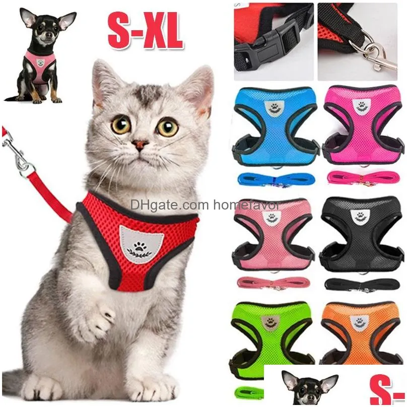 cat dog harness with lead leash adjustable vest polyester mesh breathable harnesses reflective sti for small dog cat accessories