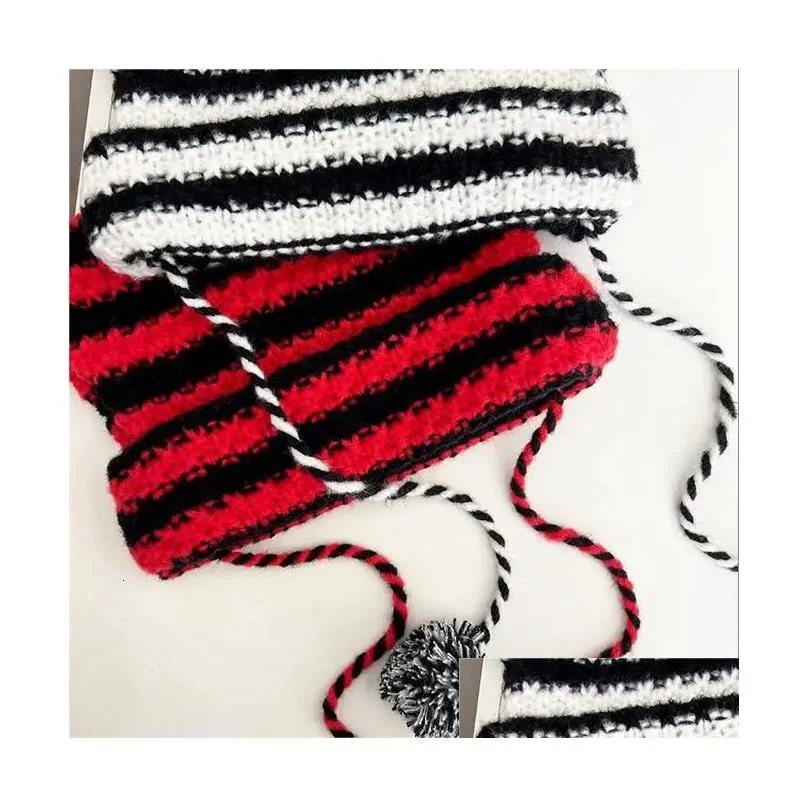 Beanie/Skull Caps Y2K Cute Devil Knitted Beanie Hat Ins Sklies Striped Knitting Wool Cap Autumn Winter Cat Ears Pointed Plover Women H Dhzk1