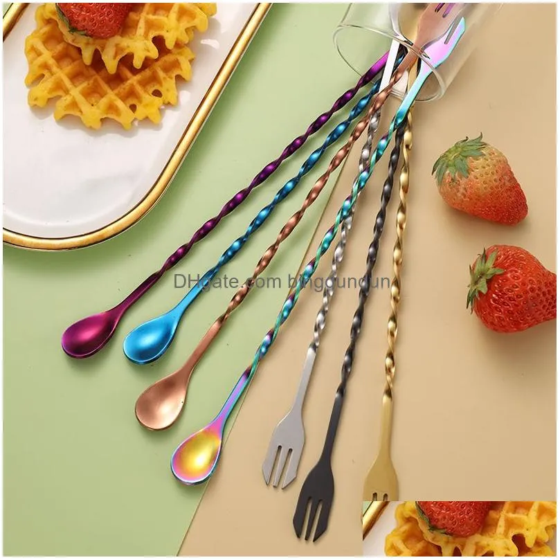 Steel Double Stainless Heads Titanium -plated Long Handle Stirring Spoons Ice Tail Bartender Bar Spoon Fruit Forks 26cm 32cm