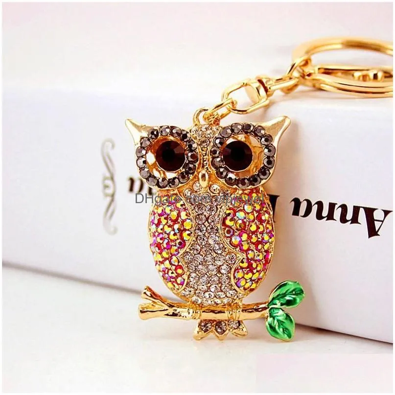 animal owl key chain pendant colorful ab rhinestone gold tone metal lobster clasp key ring car accessories key holder