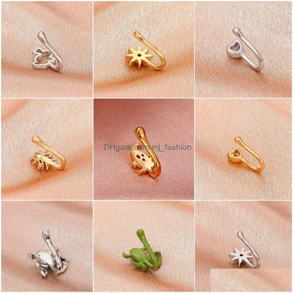 Nose Rings & Studs Clips Hoops For Women Non-Piercing Body Jewlery Copper Gold Color Love Heart Star Animal Rabbit Wholesale 2023 Dro Dhwlz