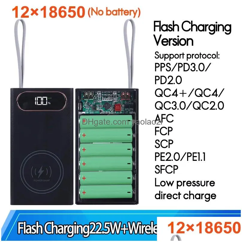 battery storage boxes detachable 10/12/16/20 18650 battery power bank case flash charging 22.5w qc3.0 pd3.0 type c wireless 15w charge storage box