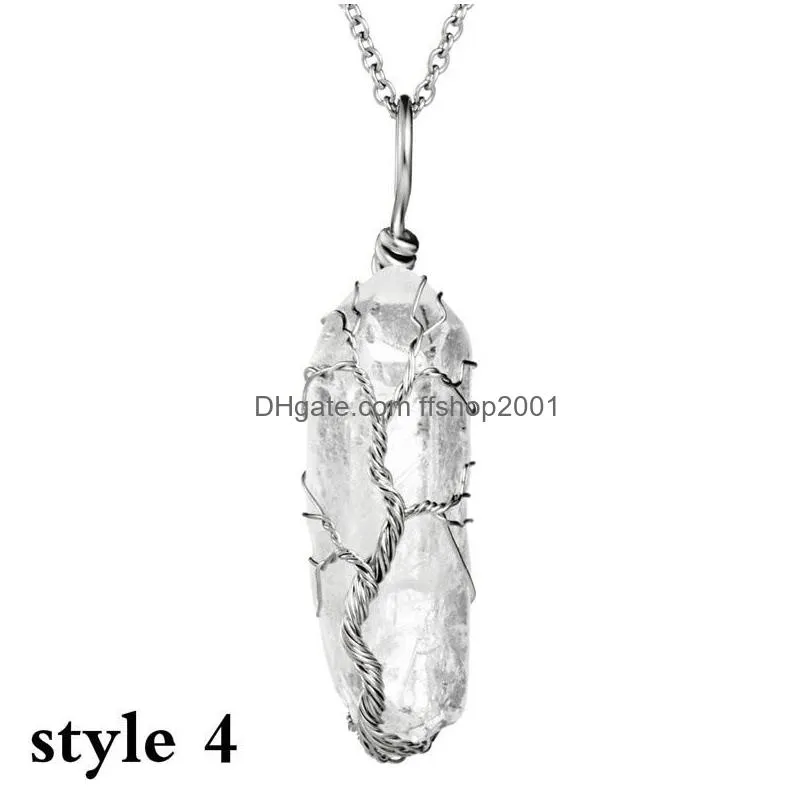 column pendants necklaces hexagonal prism tree of life natural stone white crystal quartz yoga meditation healing point pendulum charm jewelry gift for women