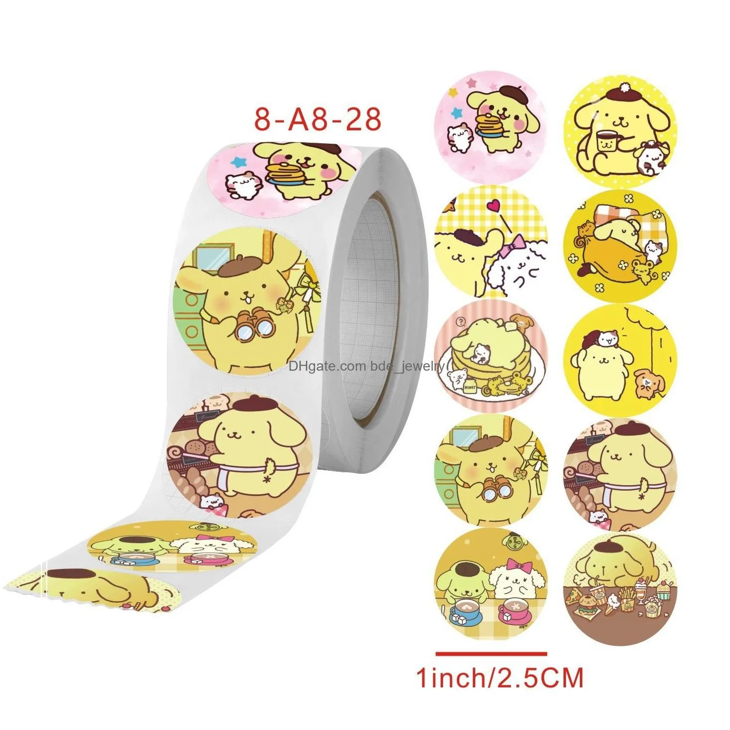 500 pcs/roll cartoon stickers kuromi pacha dog ania roll stickers cute closure stickers for handbooks