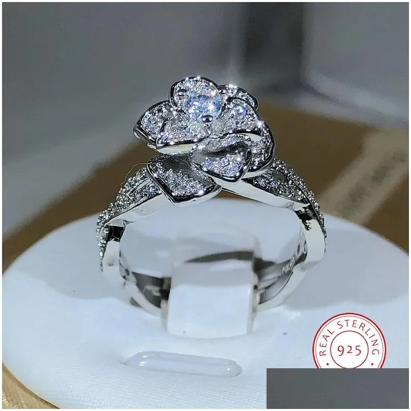 solitaire ring 925 sterling silver intertwined three-dimensional rose ring white zircon full diamond ring ladies temperament elegant jewelry