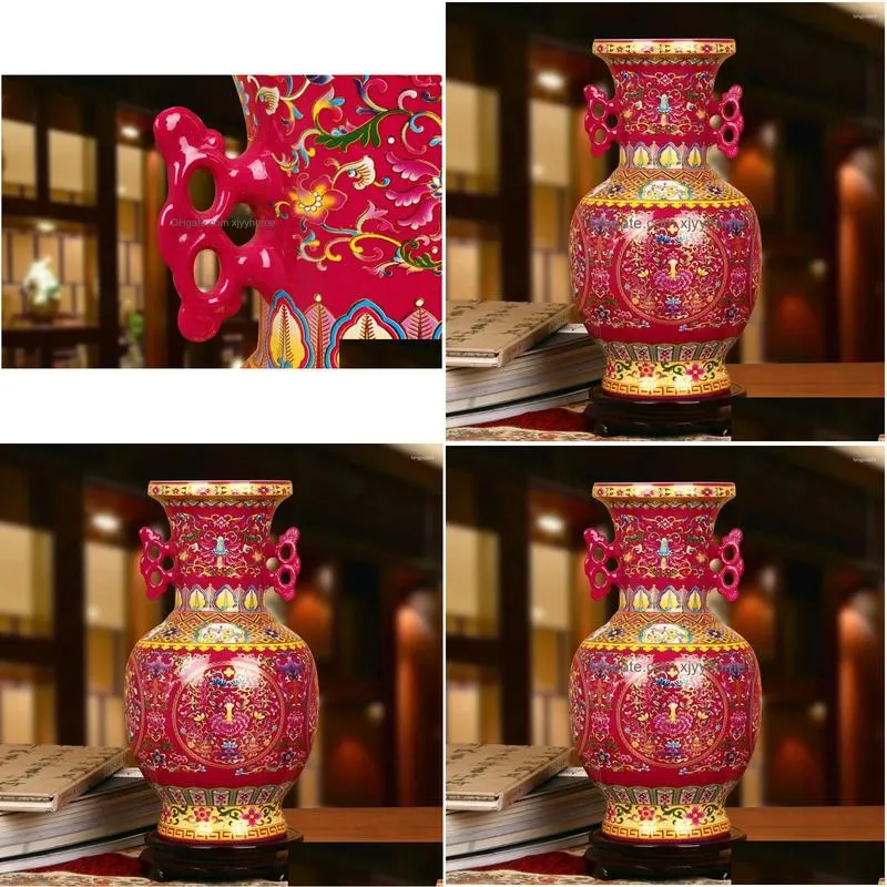 Vases Jingdezhen Ceramics Vase High-Grade Crystal Glaze Rose And Red Ears Lotus Flower Modern Chinese Household Decoration Drop Deliv Dhd6W