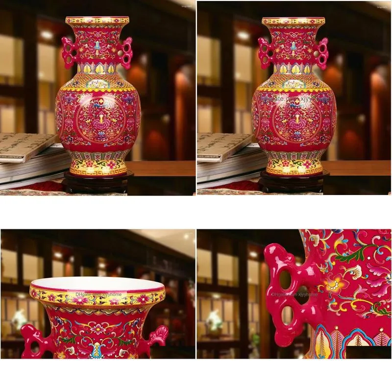 Vases Jingdezhen Ceramics Vase High-Grade Crystal Glaze Rose And Red Ears Lotus Flower Modern Chinese Household Decoration Drop Deliv Dhd6W