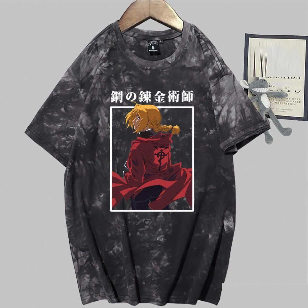 fullmetal alchemist anime short sleeve o-neck tie dye casual loose uniex t-shirt y0809