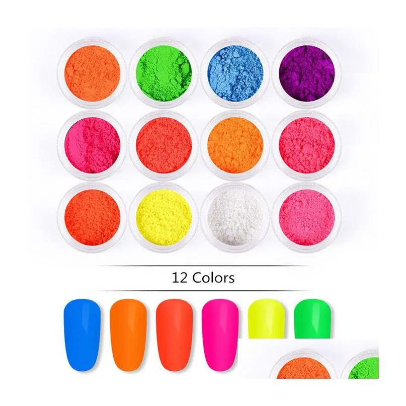 Eye Shadow Neon Party Powder 12 Colors In 1 Set Luminous Eyeshadow Nail Glitter Pigment Fluorescent Manicure Nails Art Drop Delivery H Dhqu5