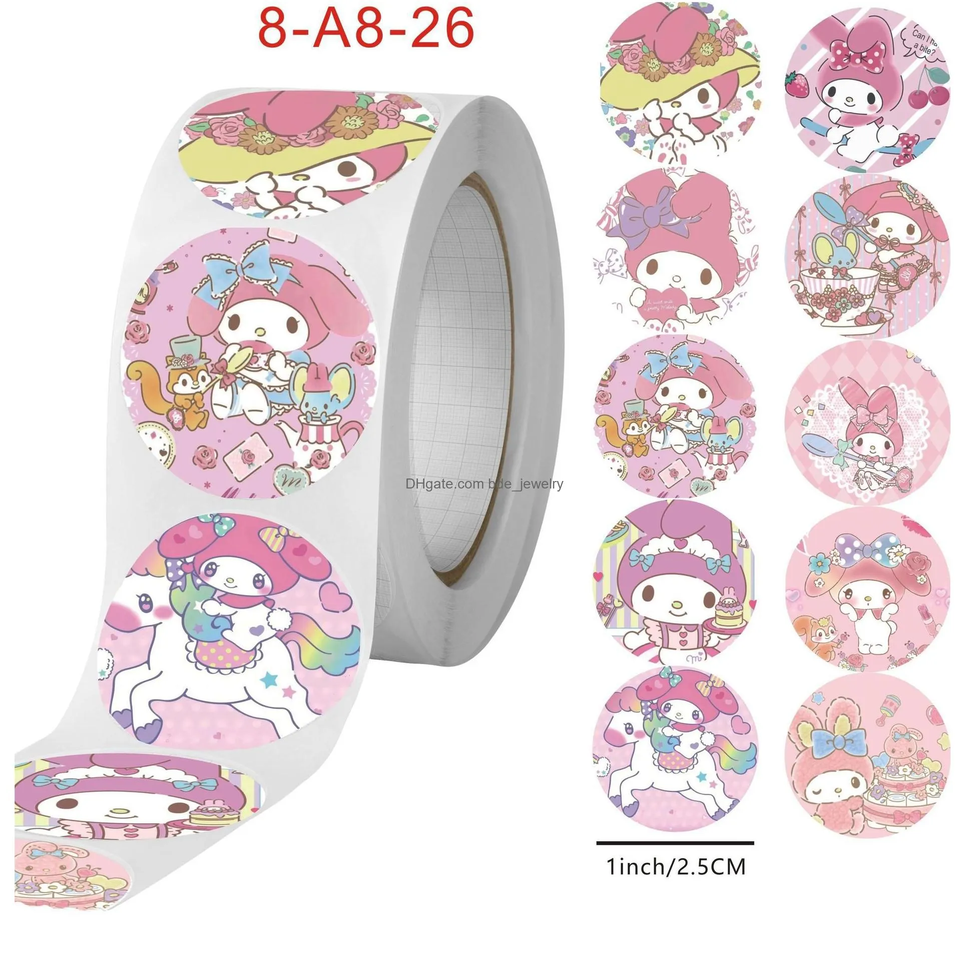 500 pcs/roll cartoon stickers kuromi pacha dog ania roll stickers cute closure stickers for handbooks