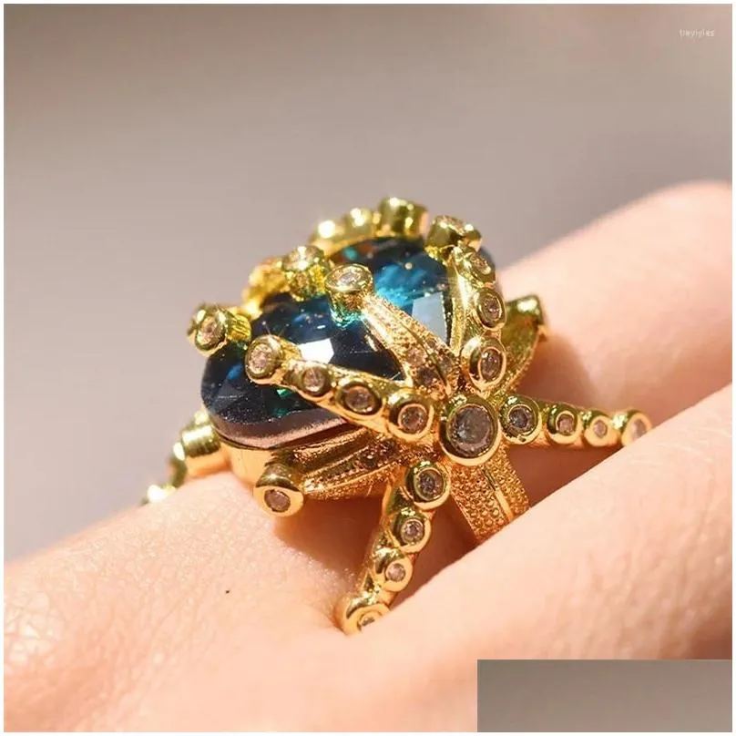 Cluster Rings Fishion 14K Gold Color Sapphire Gemstone Ring For Women Peacock Blue Topaz Stone Dainty 925 Jewelry Birthday Gift Mom D Dhioh