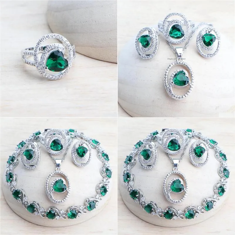 Bracelet & Necklace Sets Sier Bridal Jewelry For Women Green Zircon Wedding Jewerly Earrings Rings Stones Bracelets Pendant Set Drop Dhhp1