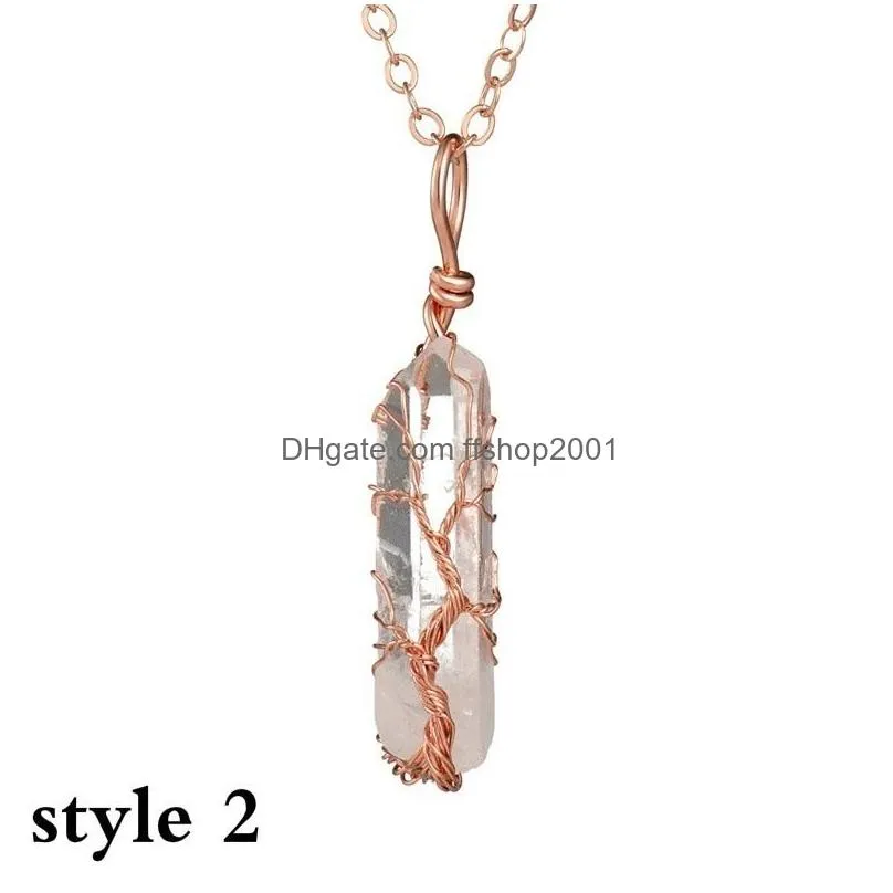 column pendants necklaces hexagonal prism tree of life natural stone white crystal quartz yoga meditation healing point pendulum charm jewelry gift for women