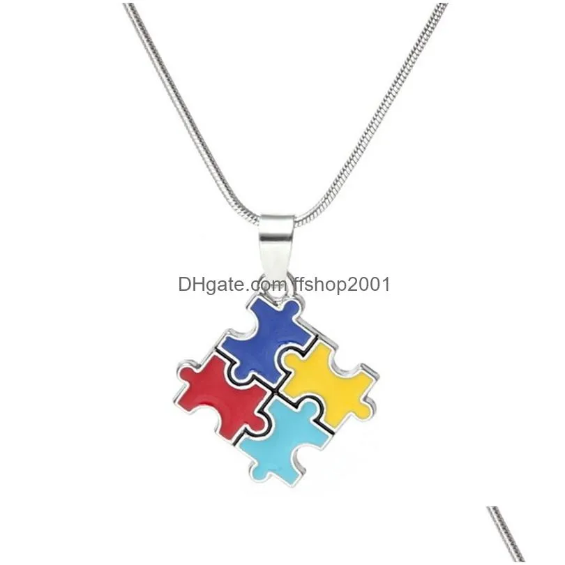 puzzle pendant necklaces women men cross classic square design colorful enamel red blue autistic unisex gift jewelry with silver snake