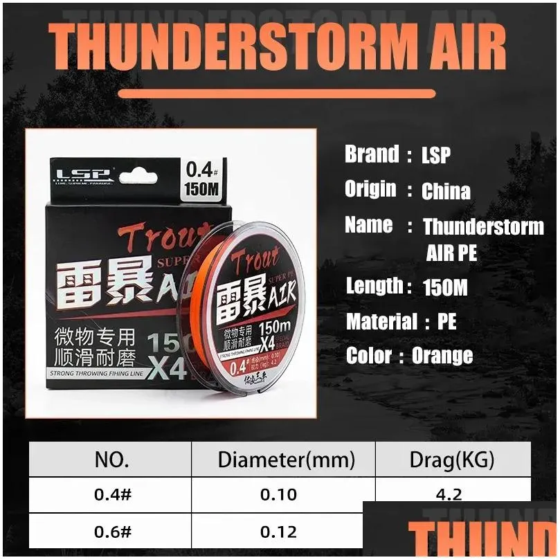 Lines 23 LSP Thunderstorm Air 4X PE Fishing Line Braided 4 Strands 150M Multifilament Line Linhas Pesca For Stream