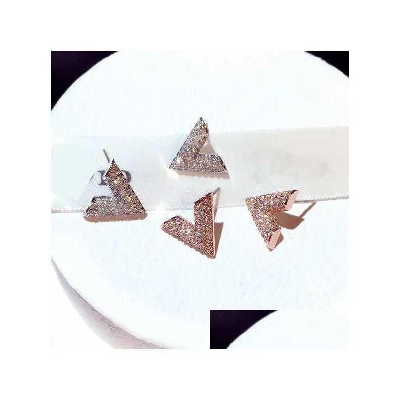 Stud Fl Crystal Zirconia Cz Earrings Fashion 18K Gold V Letter Triangle Cute Shining Bling Diamond Earring Earings Ear Rings Jewelry Dhoka