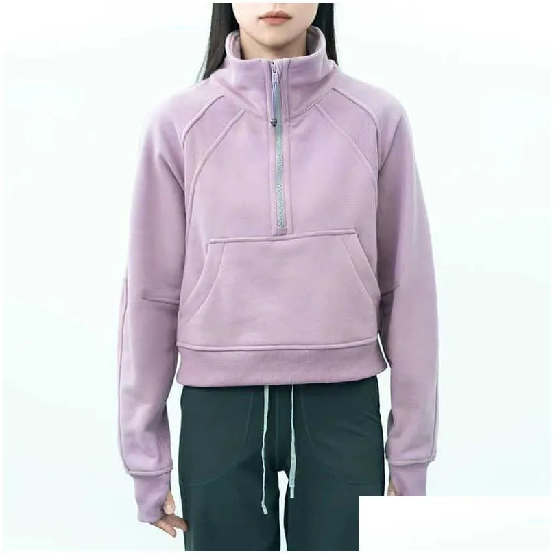 Yoga Outfits Lu-99 Women Fitness Hoodies Runing Jacket Ladies Sport Half Zipper Sweatshirt Thick Loose Short Style Coat With Fleece T Dhks7