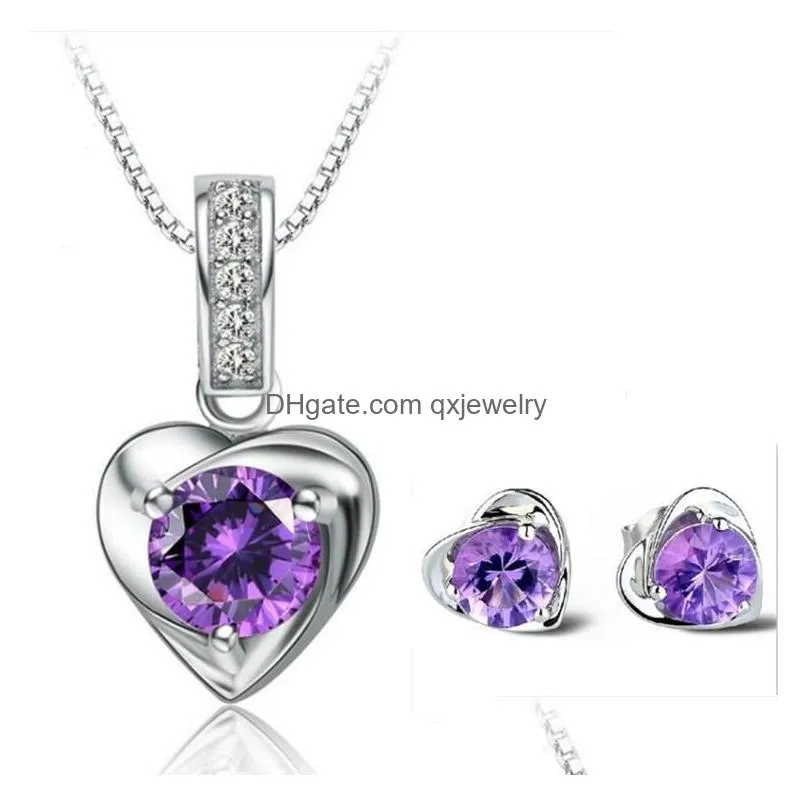 Stud S925 Sterling Sier Love Heart Earrings Necklaces Set Jewelry White Purple Shining Crystal Bling Diamond Choker Necklace Brincos Dhhd3